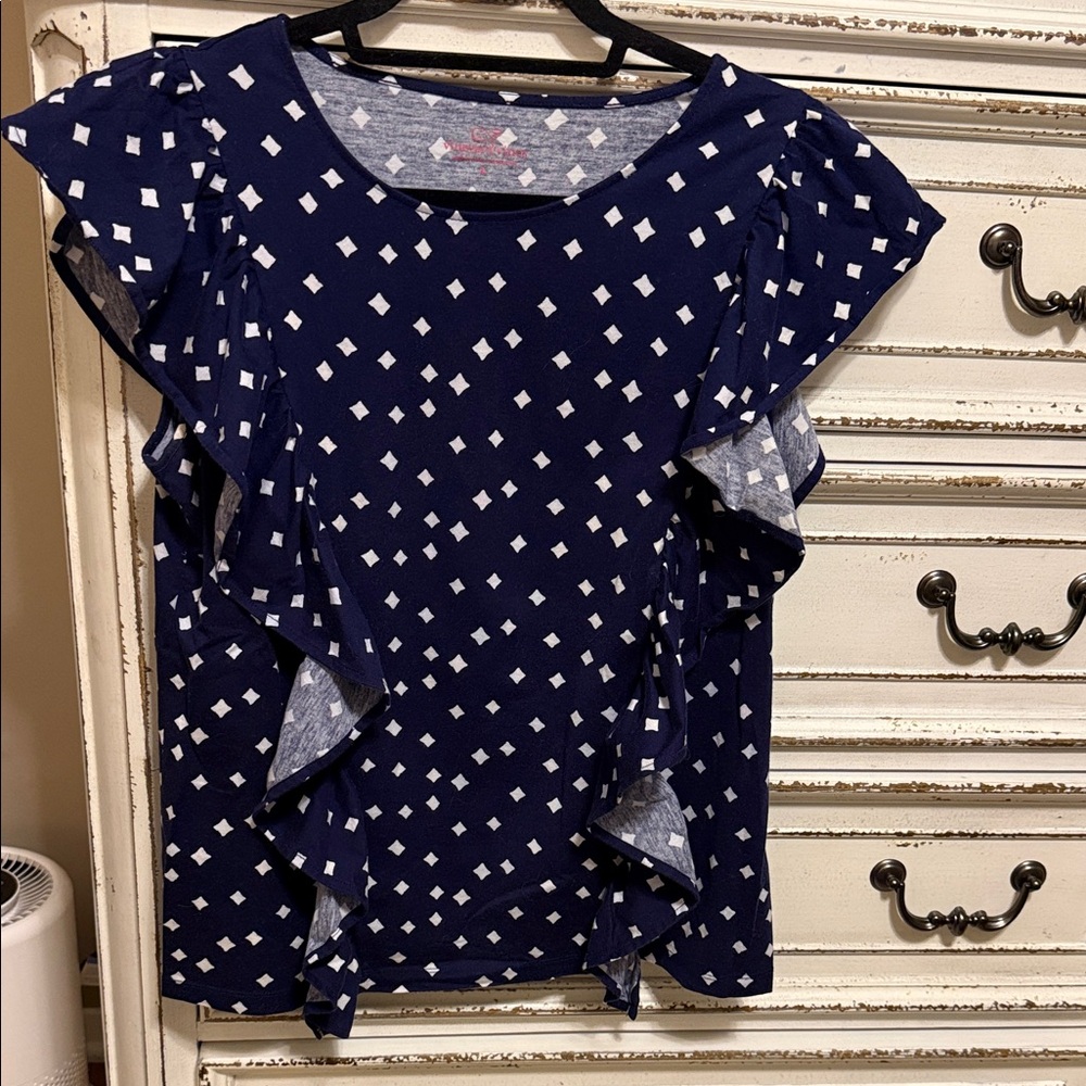 Vineyard Vines Navy Blue White Diamond Flutter Sleeves Shirt Top Size Large